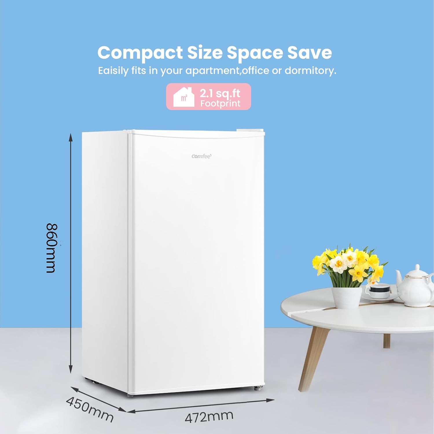 COMFEE' RCD93WH2(E) Under Counter Fridge, 93L Small Fridge with Cooler Box, Interior Light, Removable Glass Shelf, Reversible Door Hinge, Adjustable Legs, Standard Refrigerator White-1