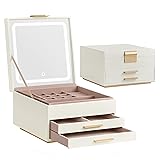 SONGMICS Jewellery Box with Mirror and LED Lights, 3-Layer Jewellery Storage Organiser with 2 Drawers, PU Surface, Floating Base, Modern, Gift Idea, 23 x 23 x 14 cm, Cream White and Gold JBC169W01