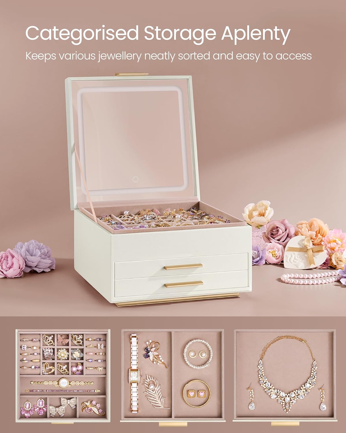 SONGMICS Jewellery Box with Mirror and LED Lights, 3-Layer Jewellery Storage Organiser with 2 Drawers, PU Surface, Floating Base, Modern, Gift Idea, 23 x 23 x 14 cm, Cream White and Gold JBC169W01-3