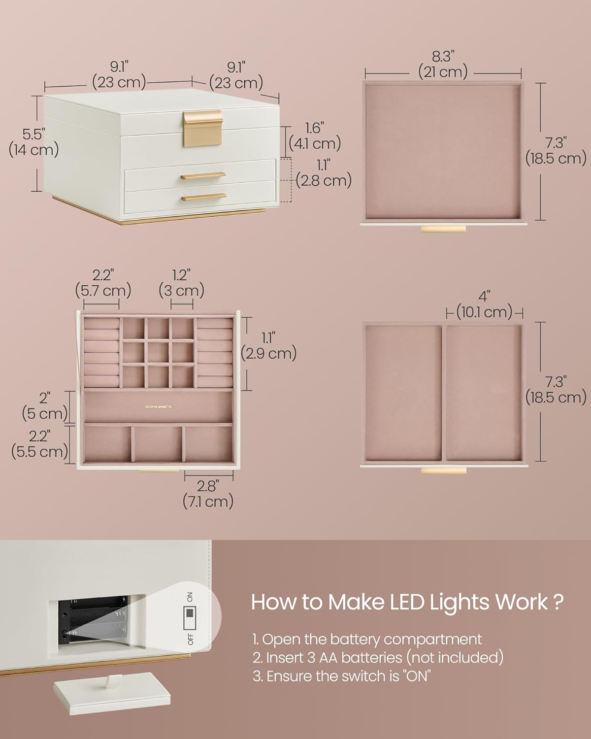 SONGMICS Jewellery Box with Mirror and LED Lights, 3-Layer Jewellery Storage Organiser with 2 Drawers, PU Surface, Floating Base, Modern, Gift Idea, 23 x 23 x 14 cm, Cream White and Gold JBC169W01-4