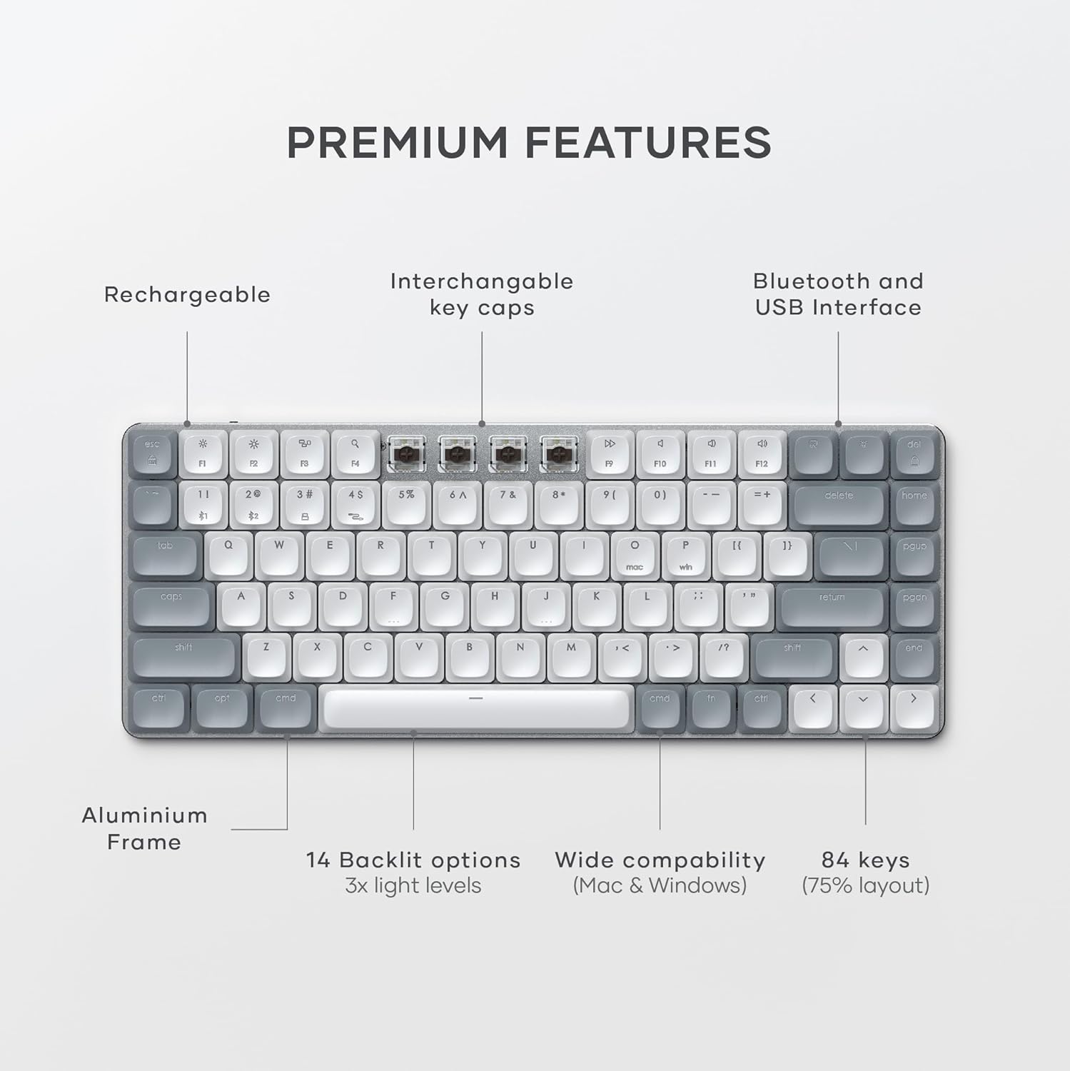 Satechi SM1 75% Mechanical Keyboard, LED Backlit Bluetooth Keyboard, 84 Keys Compact Wireless Keyboard, Gaming Keyboard for Mac and Windows - Light Grey/White-2