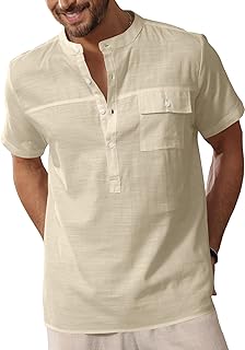 Men’s Linen Shirts Summer Cotton T-Shirt Button Up Henley Shirts Casual Beach Short Sleeve Tops