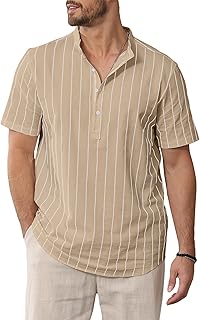 CTU Mens Shirts Cotton Shirt Casual Striped Shirt Summer Beach Short Sleeve Shirts Henley Neck Shirt