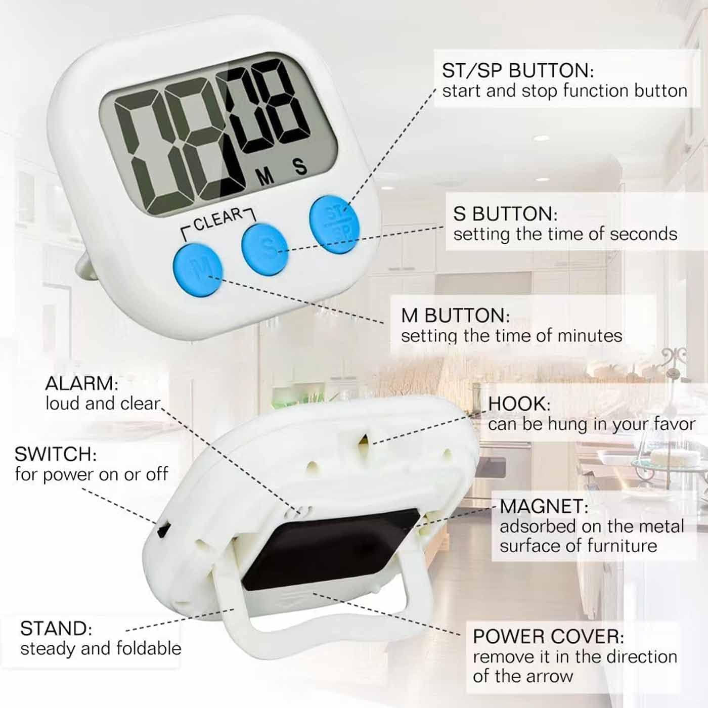 Kyzistn 6 Pack Digital Kitchen Timer, Magnetic Kitchen Timer, Big Digits Loud Alarm Magnetic Back Count Up Countdown Timer with ON/Off Switch for Students, Cooking, Baking-3