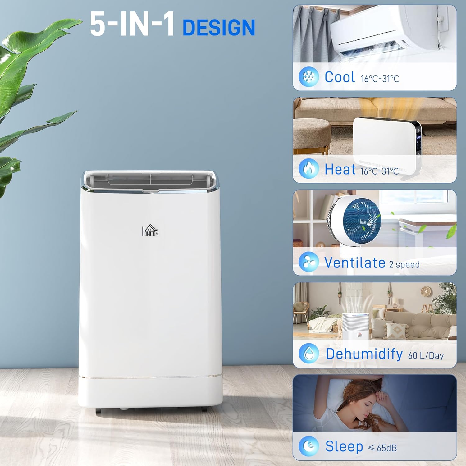 HOMCOM 14,000 BTU Portable Air Conditioner, Smart Home WiFi Compatible, 5-in-1 Heater Dehumidifier Cooler Fan, with Sleep Mode, Remote, 24H Timer, Window Venting Kit, A Energy Efficiency, 35m²-3