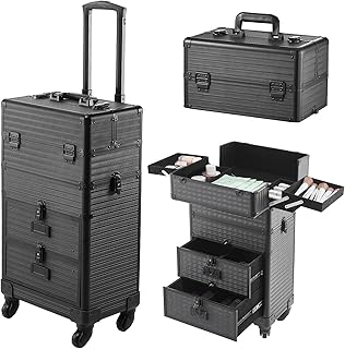 BTGGG Upgrade Professional Makeup Trolley with Drawers, Detachable Stripe Lockable Cosmetic Vanity Case Beauty Trolley on Wheels, Rolling Train Case Artist Nail Technician Case, Stripes Black