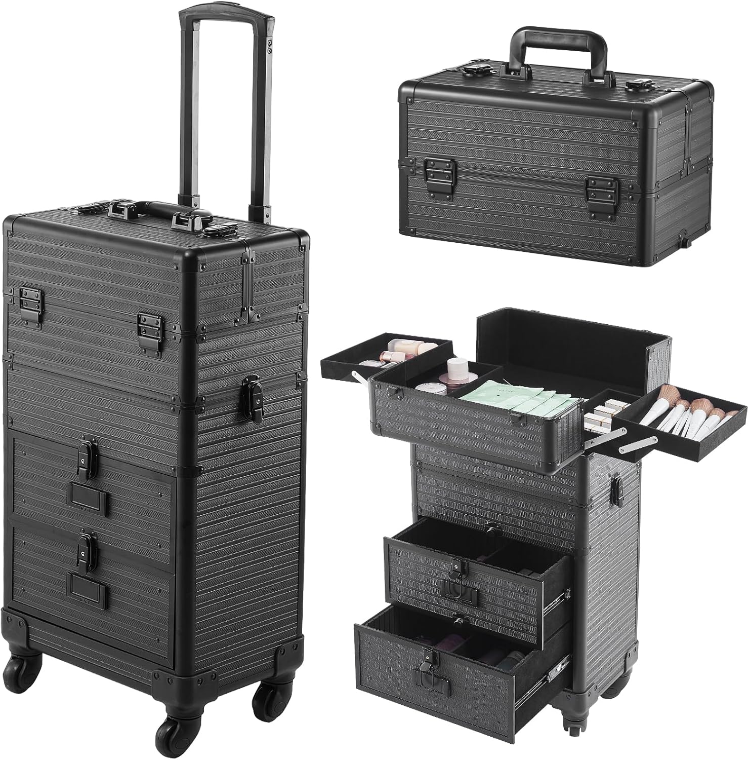 BTGGG Upgrade Professional Makeup Trolley with Drawers, Detachable Stripe Lockable Cosmetic Vanity Case Beauty Trolley on Wheels, Rolling Train Case Artist Nail Technician Case, Stripes Black-0