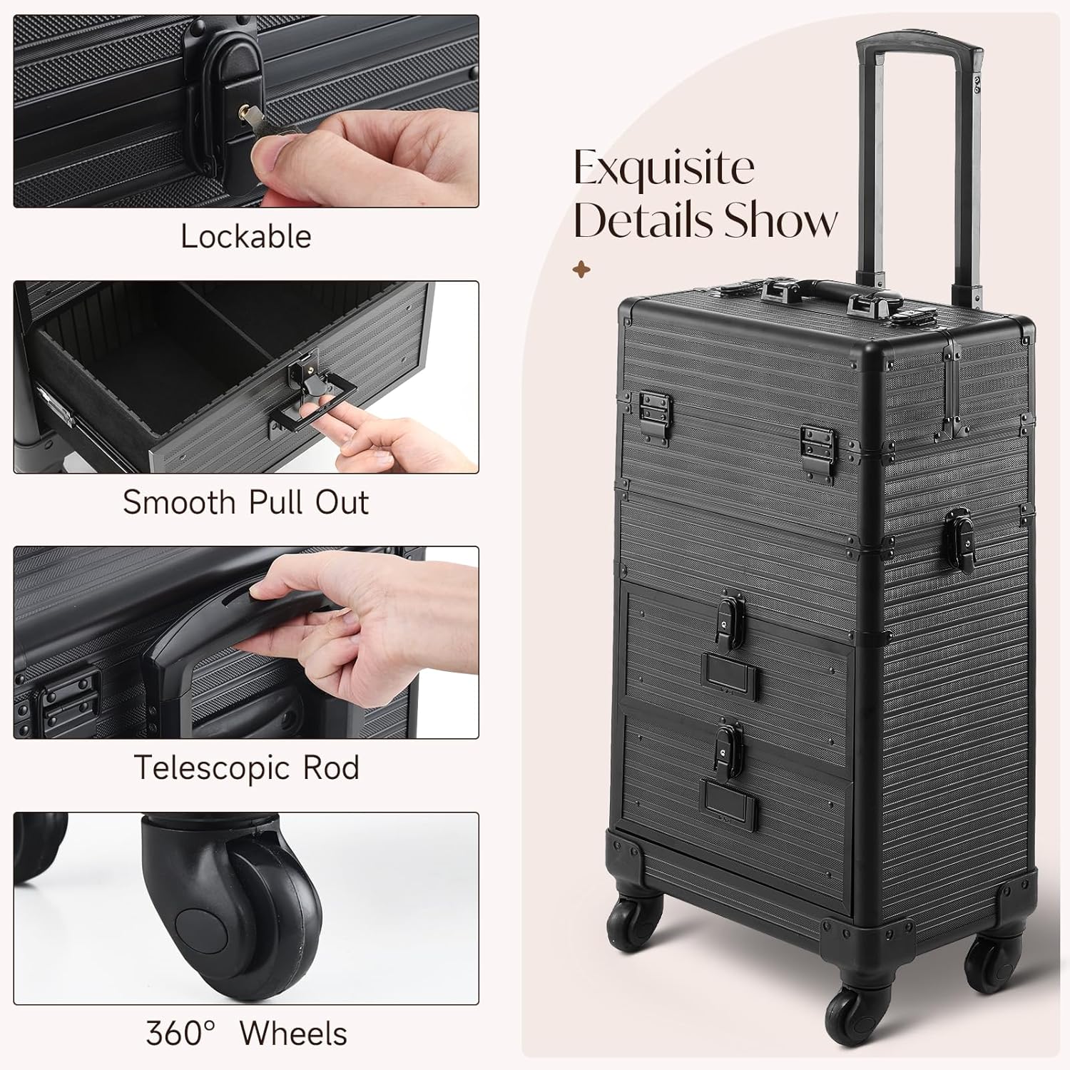 BTGGG Upgrade Professional Makeup Trolley with Drawers, Detachable Stripe Lockable Cosmetic Vanity Case Beauty Trolley on Wheels, Rolling Train Case Artist Nail Technician Case, Stripes Black-1