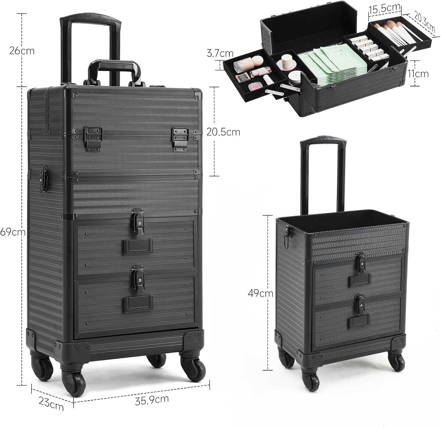 BTGGG Upgrade Professional Makeup Trolley with Drawers, Detachable Stripe Lockable Cosmetic Vanity Case Beauty Trolley on Wheels, Rolling Train Case Artist Nail Technician Case, Stripes Black-2