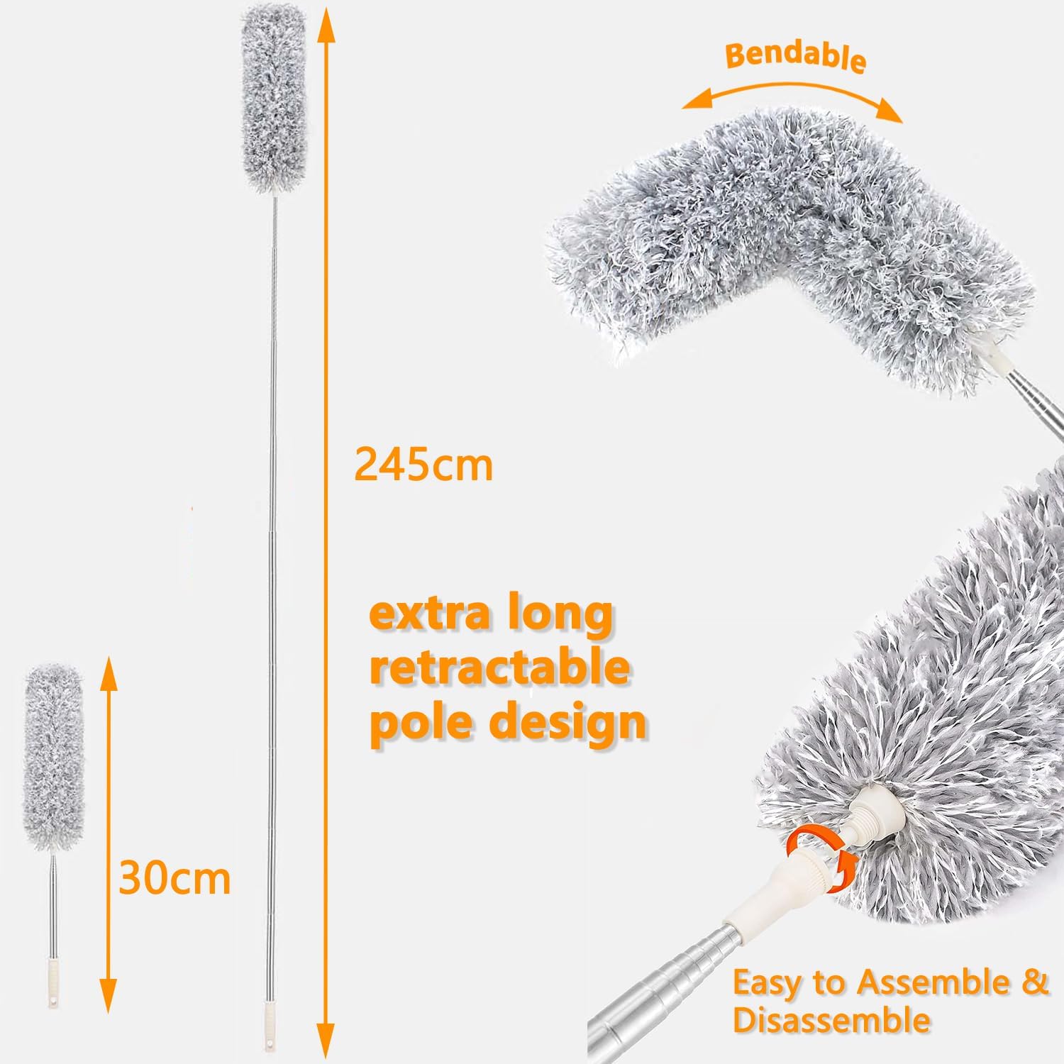 Feather Duster,Dusters For Cleaning Extendable,With30-240cm Pole Telescopic Cobweb Brush,Long Pole Handled Retractable Gap Dust Cleaner,Reusable Bendable Washable,For Ceiling Fan Ceiling Green Grey-4