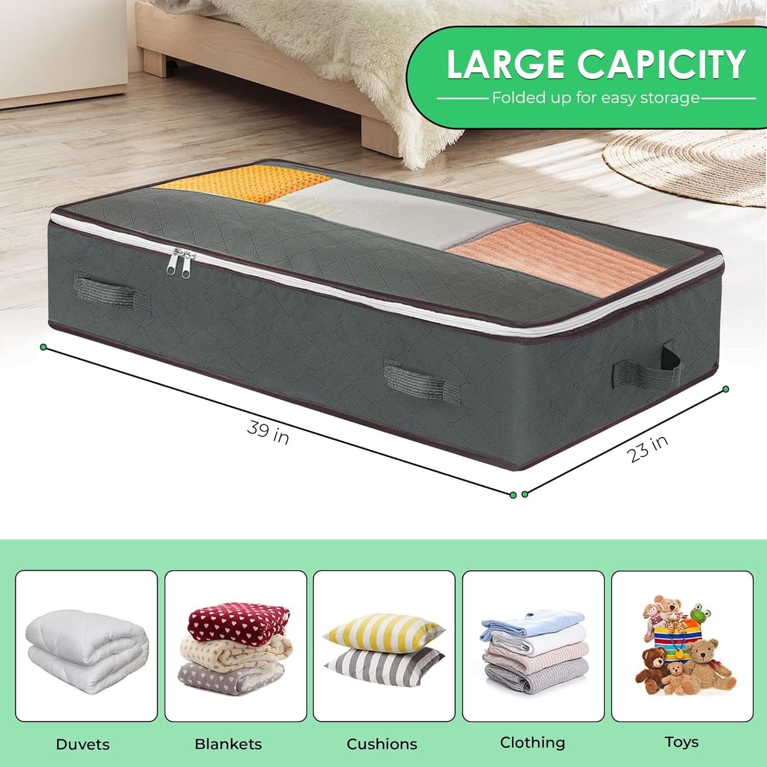 La Comvi Underbed Storage with Zipper bag - 2pcs - under bed storage box with lid - under-bed 90L Size 100x50x15cm - for Clothes, Duvets, Comforters, Blankets, Bedding, Quilts etc - zip lock-1