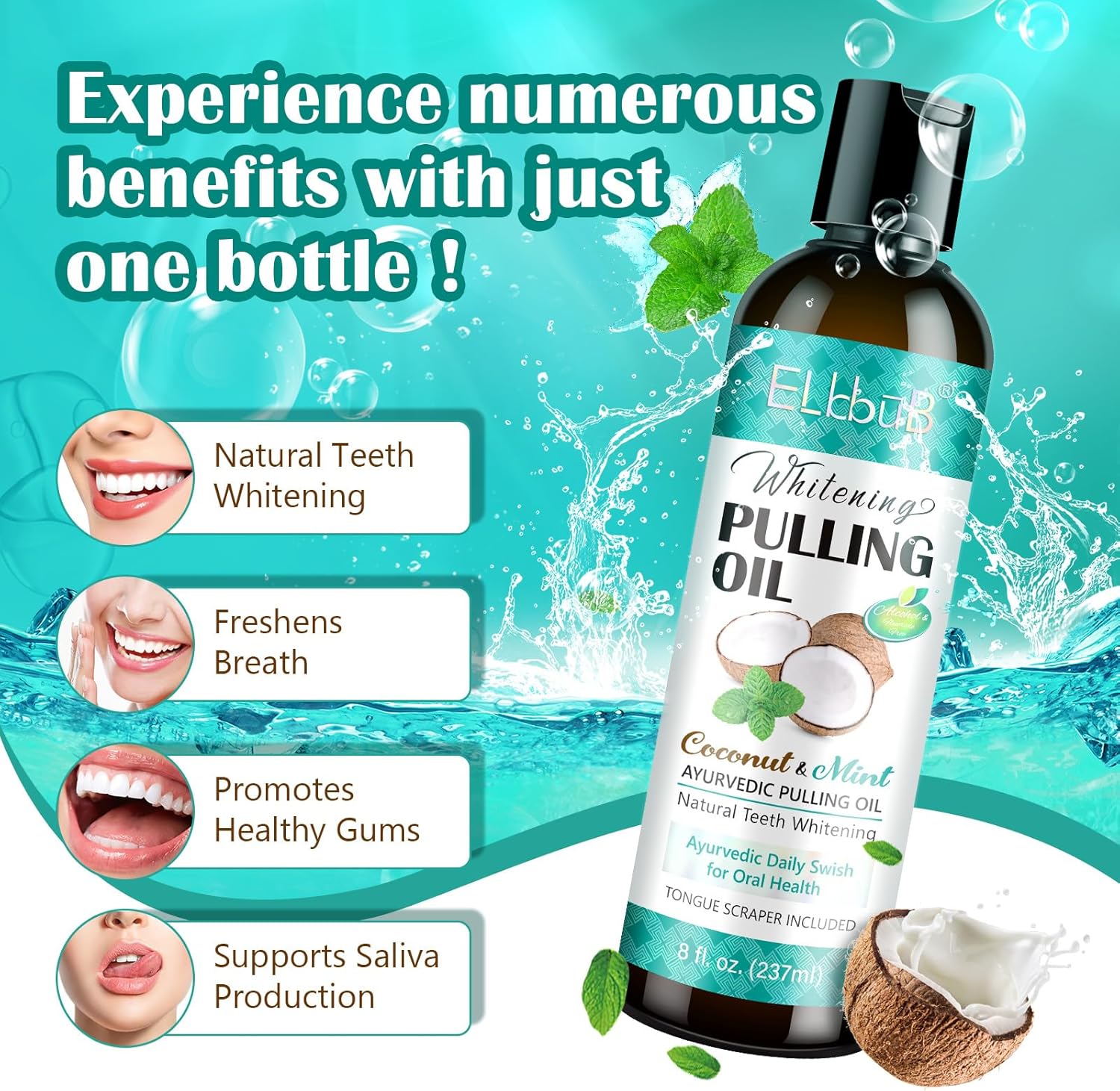 Coconut Pulling Oil - Ayurvedic Mint Oil Pulling Mouthwash with Tongue Scraper | Natural Essential Oils for Fresh Breath, Teeth Whitening & Healthy Gums | Alcohol-Free-1