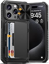 Vihibii for iPhone 15 Pro Case with Card Holder (4 Cards) & Slide Camera Cover & Kickstand, Shockproof Rugged Hard Back & TPU Soft Edge Wallet Phone Case for iPhone 15 Pro 5G 6.1" 2023, Black