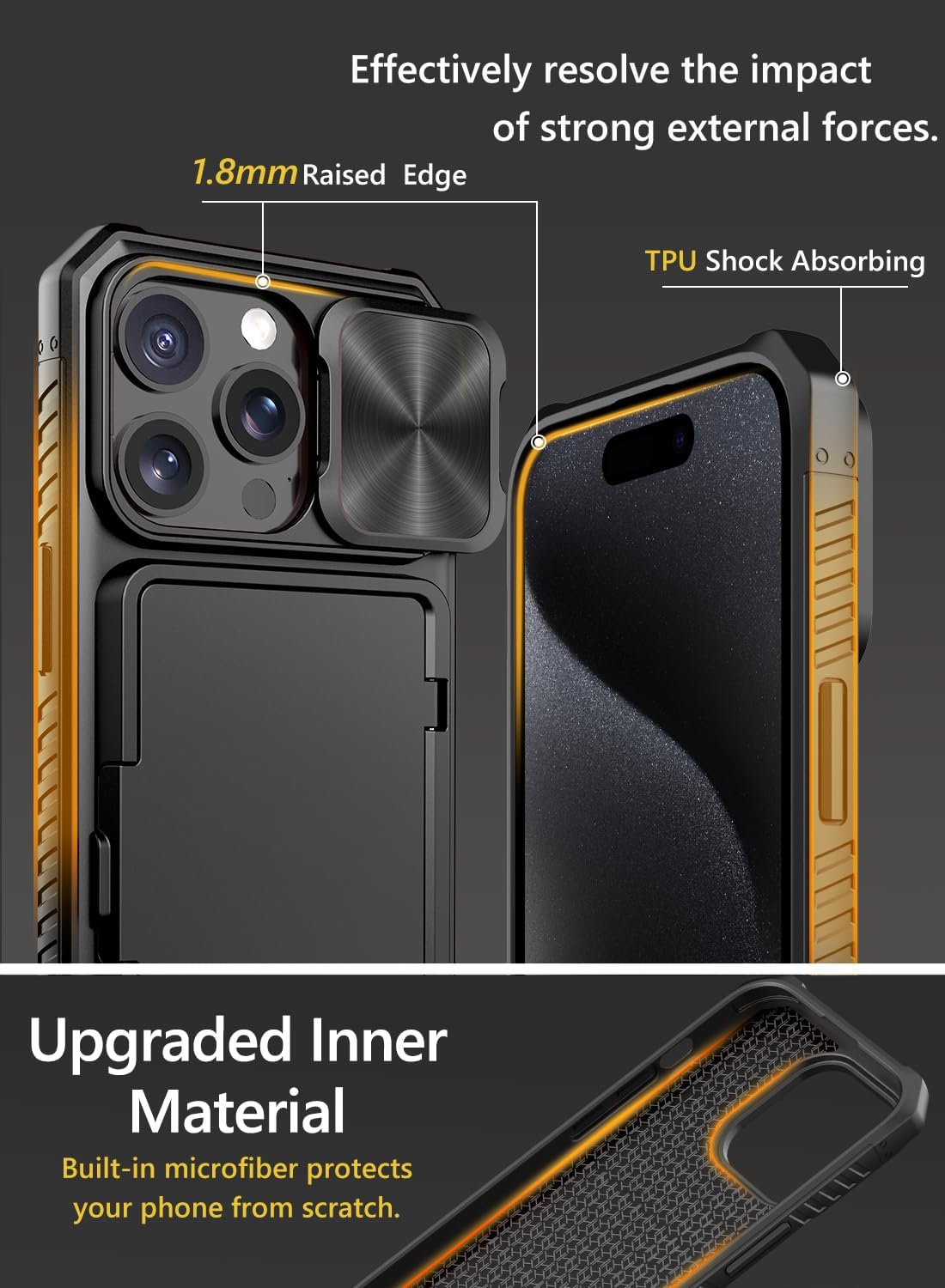 Vihibii for iPhone 15 Pro Case with Card Holder (4 Cards) & Slide Camera Cover & Kickstand, Shockproof Rugged Hard Back & TPU Soft Edge Wallet Phone Case for iPhone 15 Pro 5G 6.1" 2023, Black-5