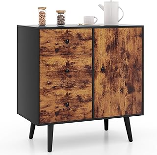 TANGZON Storage Cabinet, Industrial Buffet Sideboard with 3 Drawers, Adjustable Shelf & Anti-tipping Device, Freestanding Wooden Storage Cupboard for Kitchen Living Dining Room Hallway (73x 40x76cm)