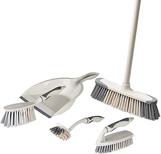 Tower T769002MSH 5-in-1 Cleaning Set with Dust Pan and Brush/Kitchen Broom/Dish Brush/Scrub Brush, Latte & Grey