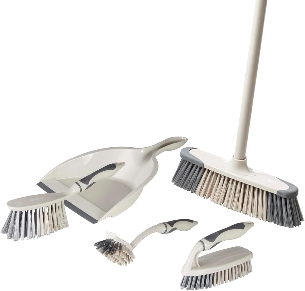 Tower T769002MSH 5-in-1 Cleaning Set with Dust Pan and Brush/Kitchen Broom/Dish Brush/Scrub Brush, Latte & Grey-0