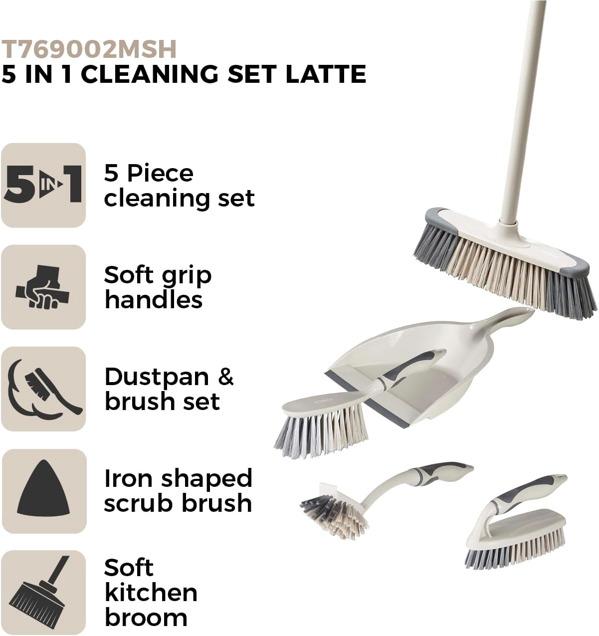 Tower T769002MSH 5-in-1 Cleaning Set with Dust Pan and Brush/Kitchen Broom/Dish Brush/Scrub Brush, Latte & Grey-1