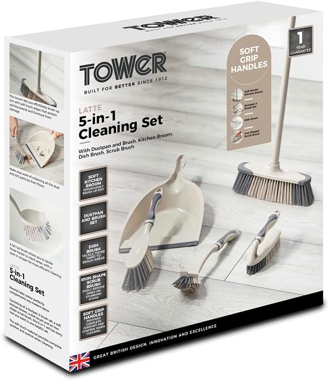 Tower T769002MSH 5-in-1 Cleaning Set with Dust Pan and Brush/Kitchen Broom/Dish Brush/Scrub Brush, Latte & Grey-10