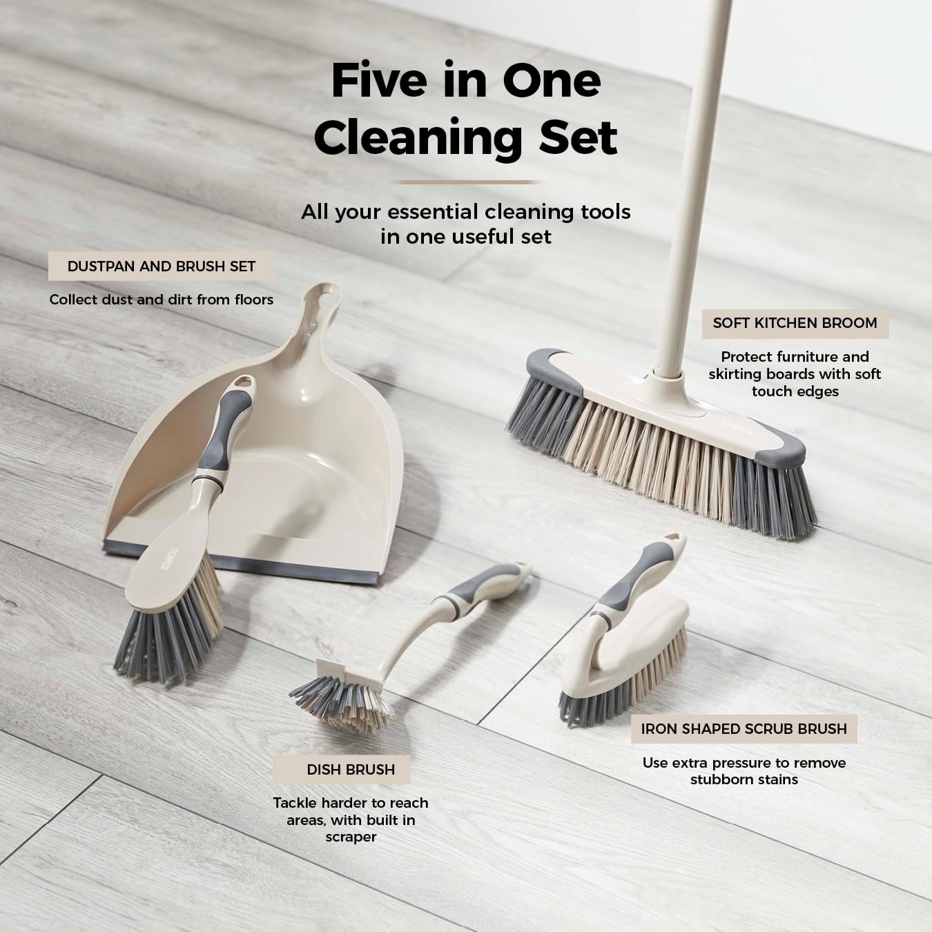 Tower T769002MSH 5-in-1 Cleaning Set with Dust Pan and Brush/Kitchen Broom/Dish Brush/Scrub Brush, Latte & Grey-2