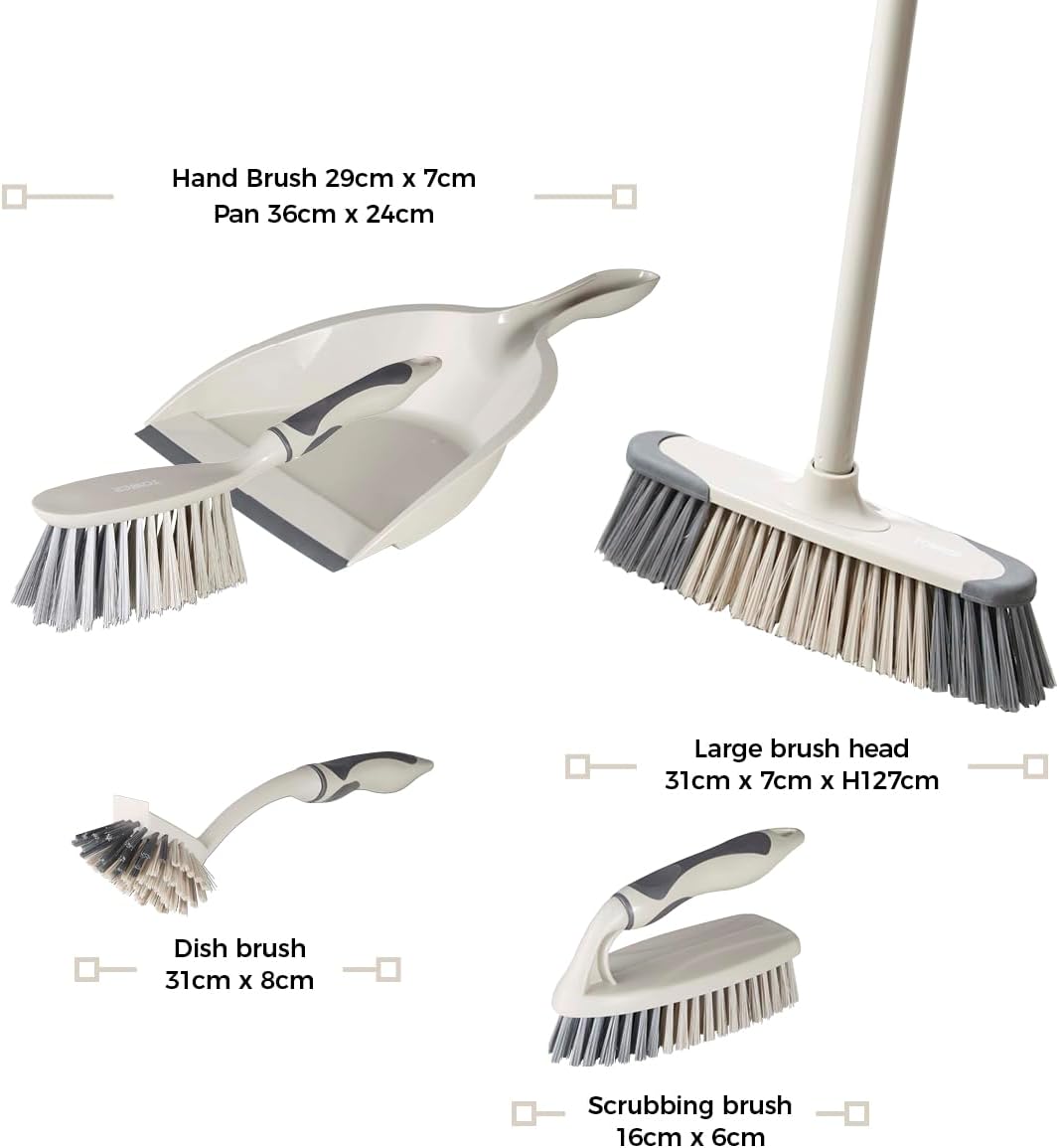 Tower T769002MSH 5-in-1 Cleaning Set with Dust Pan and Brush/Kitchen Broom/Dish Brush/Scrub Brush, Latte & Grey-8