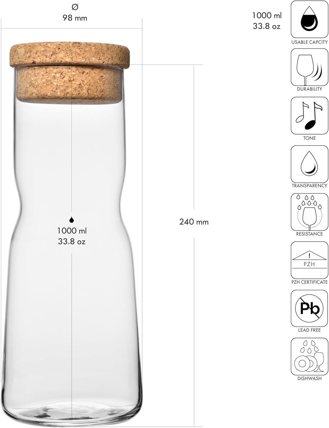 KROSNO Glass Water Carafe with Natural Cork lid | 1000 ml | Splendour Collection | Water and Juice | Birthday | Celebration | Party | Restaurant | Everyday Use | Dishwasher Safe-1