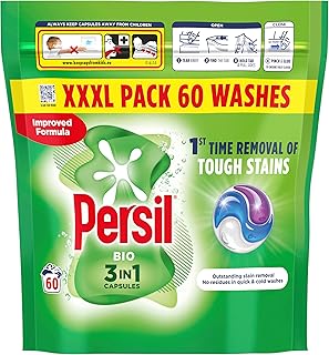 Persil Bio 3 in 1 Washing Capsules 1st time removal of tough stains outstanding stain removal in quick & cold washes 60 washes