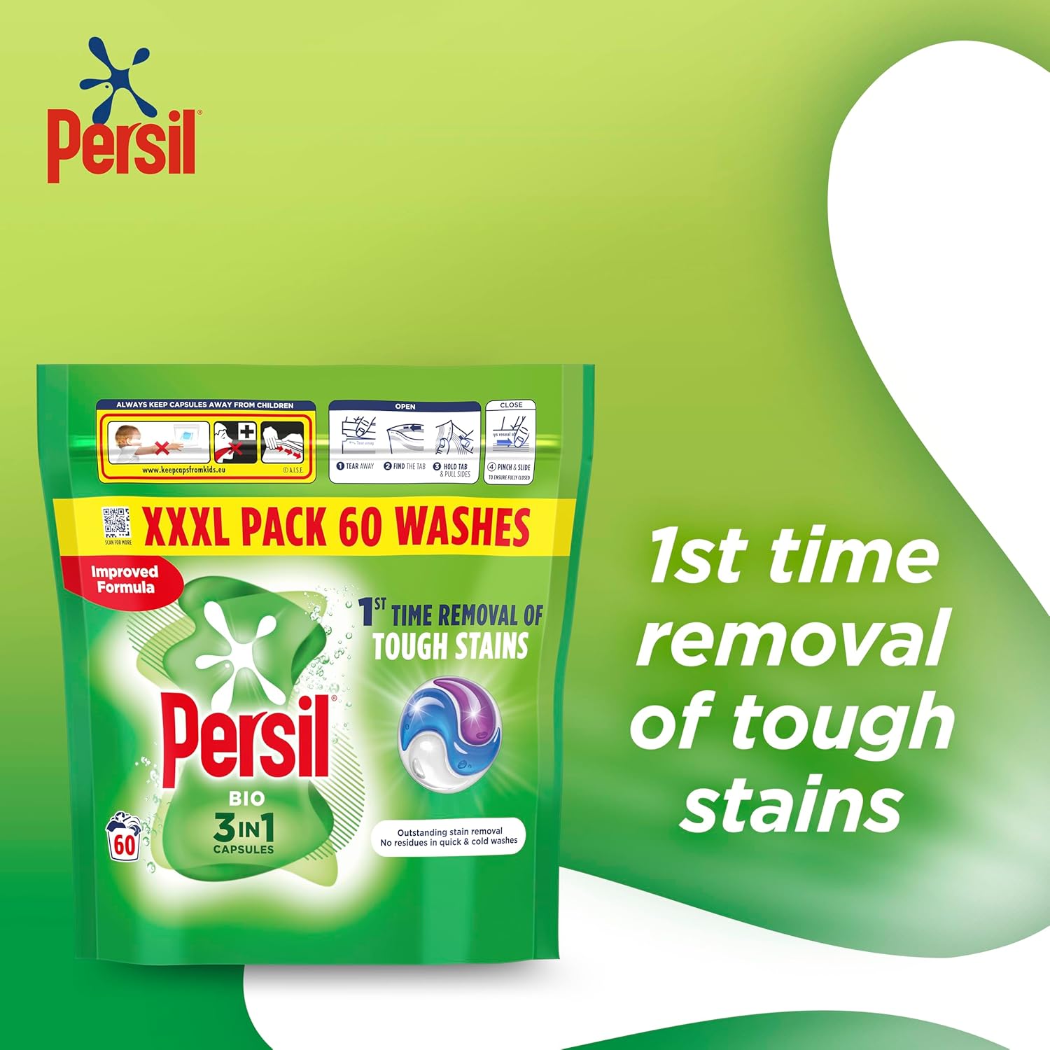 Persil Bio 3 in 1 Washing Capsules 1st time removal of tough stains outstanding stain removal in quick & cold washes 60 washes-3