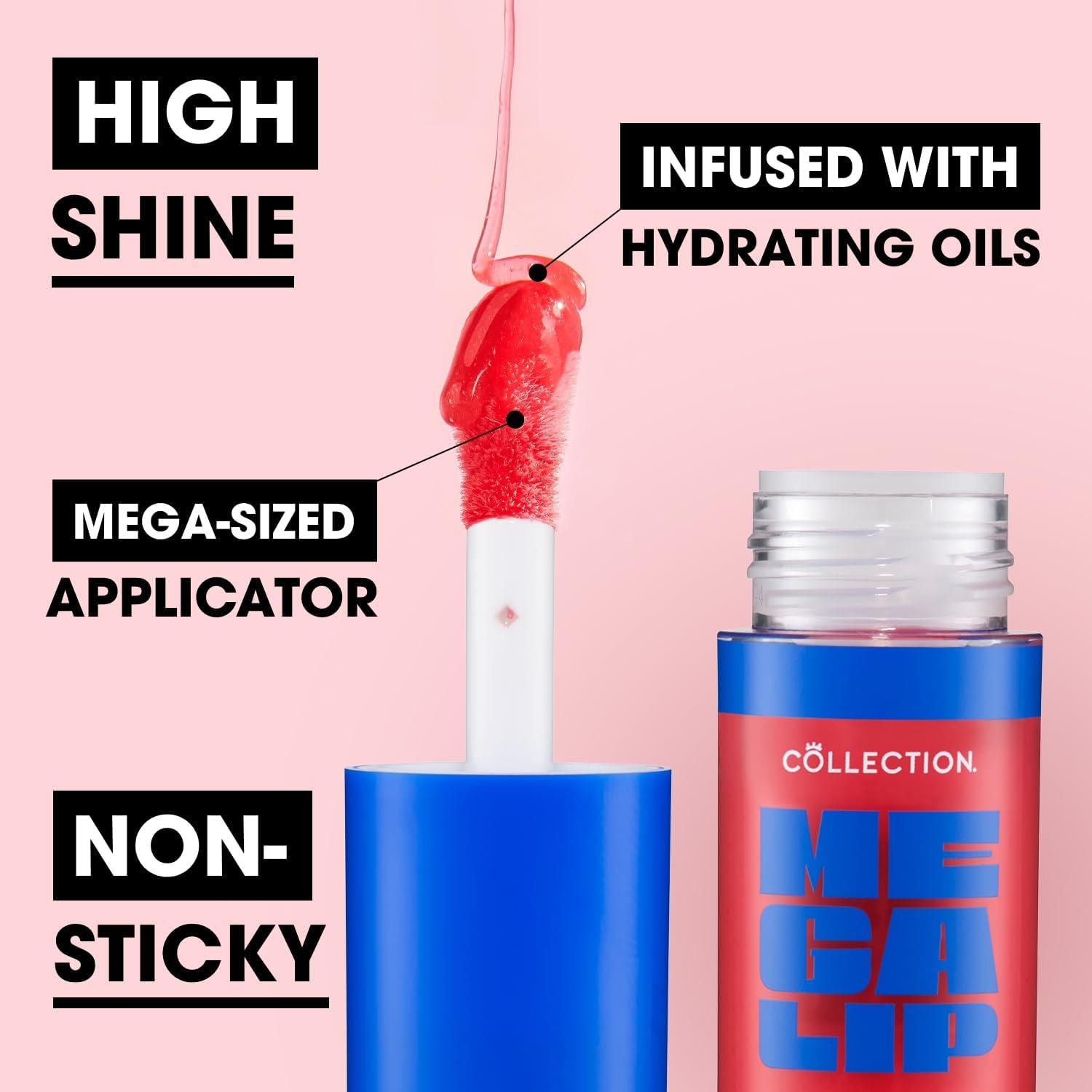 Collection Cosmetics Mega Lip Oil, Moisturising High Shine Lip Oil, Non-Sticky, Fat Applicator, Infused with Squalene and Cloudberry Oils, 5ml, Shade Bombshell, Deep Pink-5