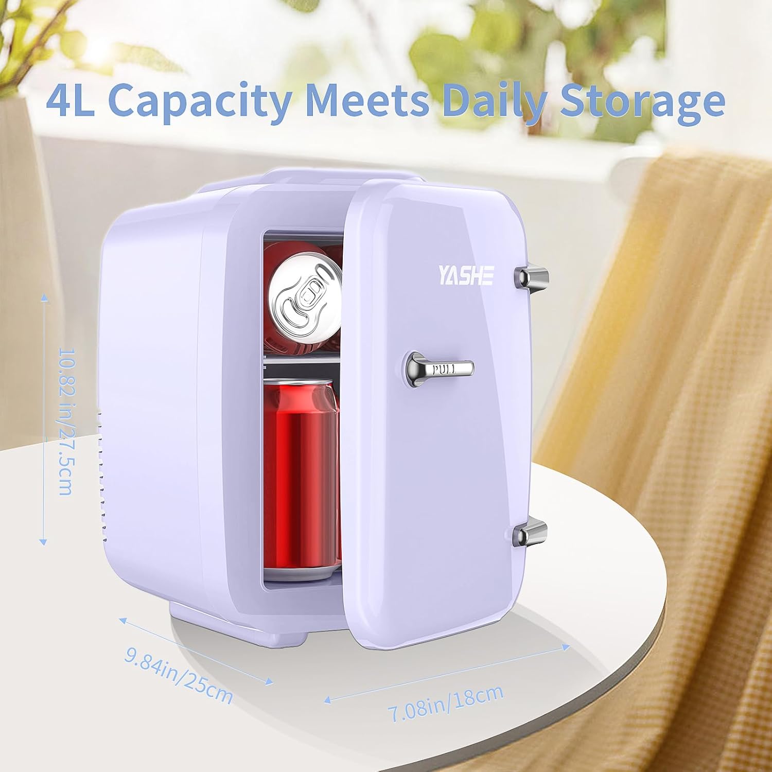 YASHE Mini Fridge for Bedroom, 4 Liter/6 Cans Small Fridge, AC/DC Thermoelectric Cooler and Warmer Mini Fridge for Drink Office Dorm Car, Purple-1