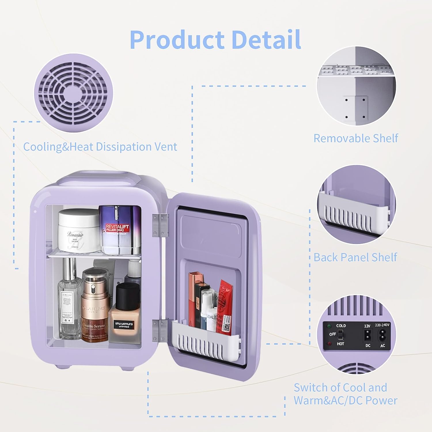 YASHE Mini Fridge for Bedroom, 4 Liter/6 Cans Small Fridge, AC/DC Thermoelectric Cooler and Warmer Mini Fridge for Drink Office Dorm Car, Purple-6