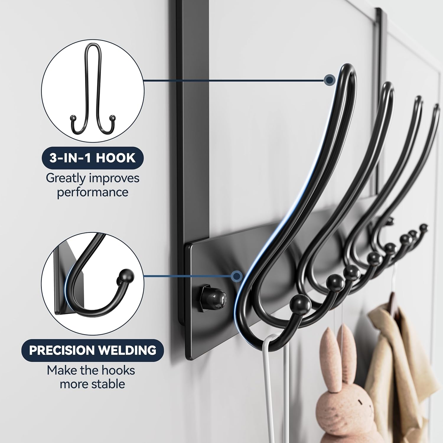 niffgaff Over Door Hooks Hanger - 8 Hooks for Hanging Heavy Duty, 3 in 1 Door Hanger for Hanging Coats, Clothes, Towels, Hat, Bags in Bathroom, Bedroom, Kitchen-2