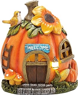 TERESA'S COLLECTIONS Halloween Decorations, Garden Ornaments Outdoor, Lovely Pumpkin Fairy house with Solar Lights, Waterproof Resin Ornaments, Garden Decorations Gifts, 19.3CM