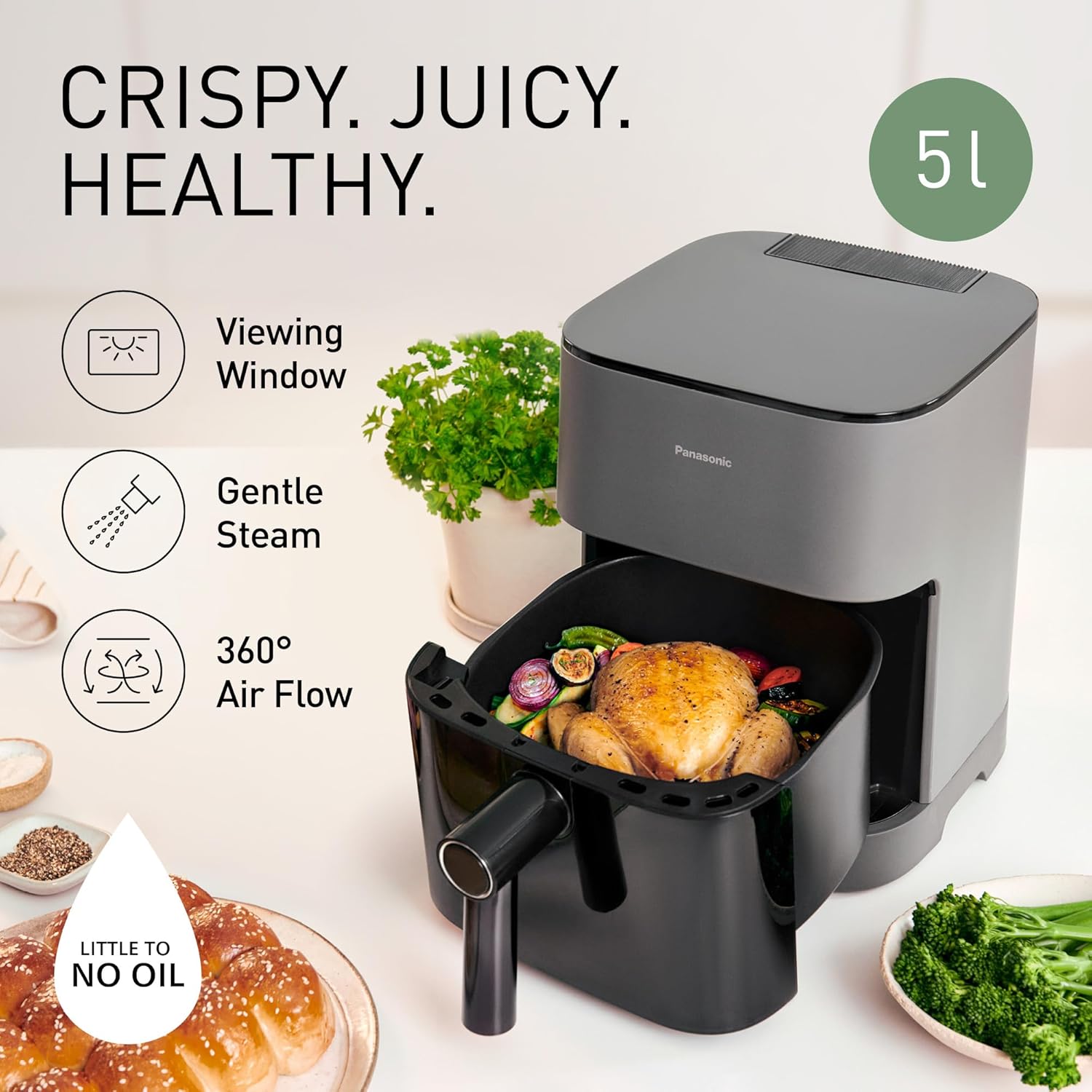 Panasonic NF-CC500SXC Air Fryer With Viewing Window, 5L, 80-200°C, Digital Timer & LCD, Gentle Steam, 11 Presets, Easy Clean, Matt Grey-1