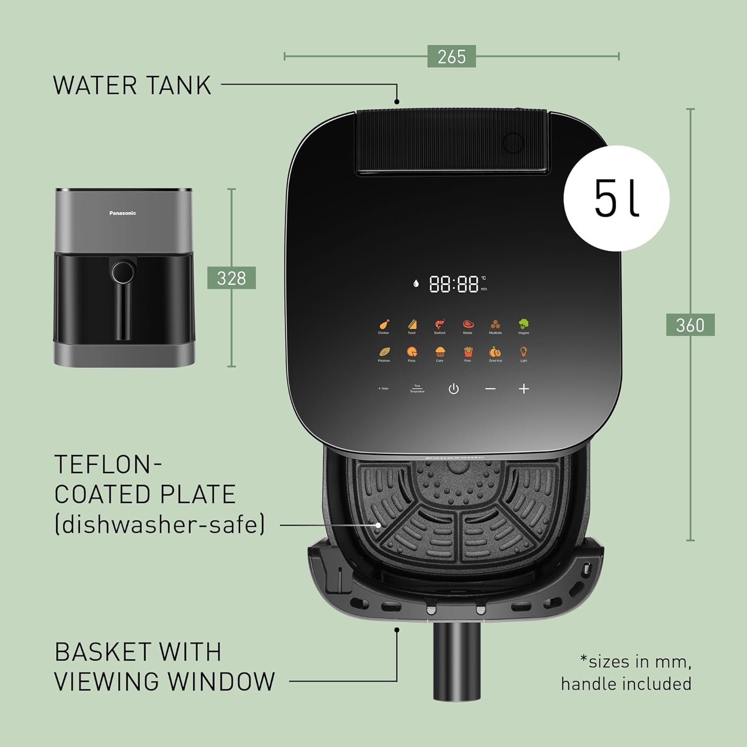 Panasonic NF-CC500SXC Air Fryer With Viewing Window, 5L, 80-200°C, Digital Timer & LCD, Gentle Steam, 11 Presets, Easy Clean, Matt Grey-9