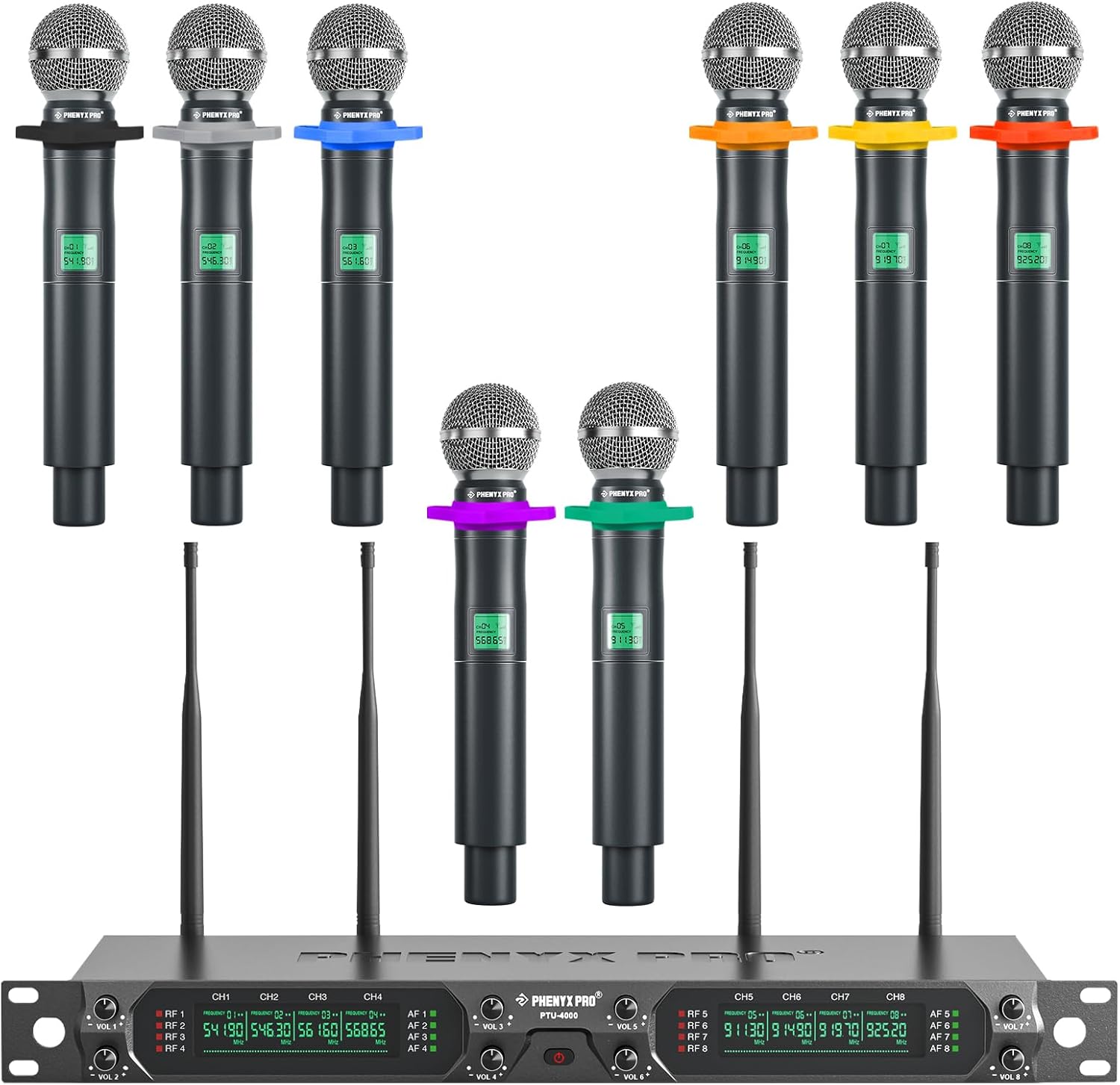 Phenyx Pro 8-Channel UHF Wireless Microphone System with Metal Handheld Dynamic Microphones, Fixed Frequency Mic for Karaoke,Church,Singing,DJ,260ft Range (PTU-4000-8H)-0