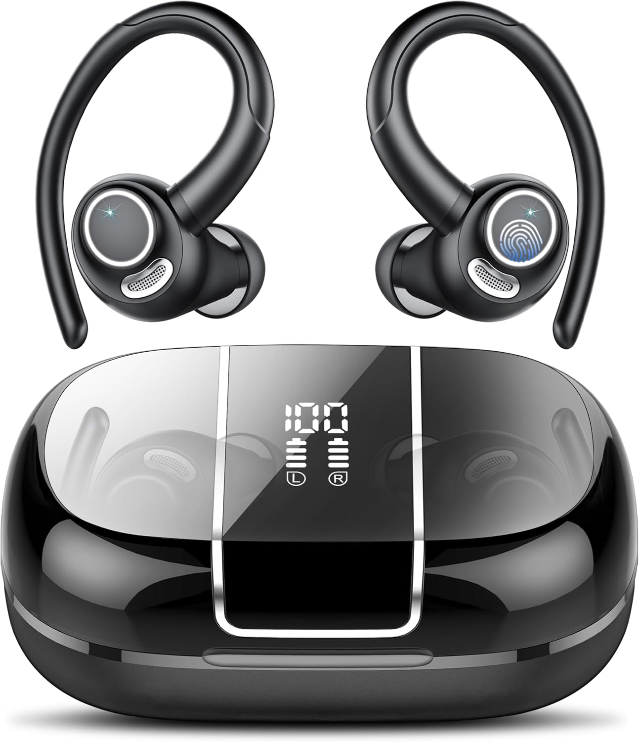 Csasan Wireless Earbuds, Bluetooth 5.3 Headphones with ENC Noise Canceling Mic, 3D Stereo Wireless Earphones, 48H LED Display Ear buds with Earhooks, IPX7 Waterproof for Sport/Running/Gym/Black-0