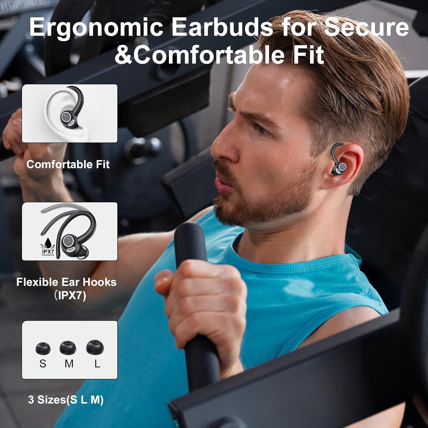 Csasan Wireless Earbuds, Bluetooth 5.3 Headphones with ENC Noise Canceling Mic, 3D Stereo Wireless Earphones, 48H LED Display Ear buds with Earhooks, IPX7 Waterproof for Sport/Running/Gym/Black-4