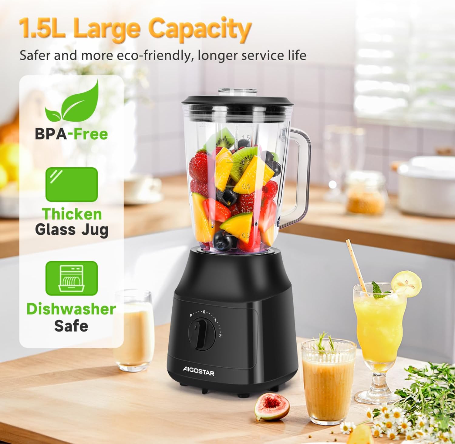 Aigostar 1.5L Blender Smoothie Maker 600W Glass Jug Blender Mixer with Titanium Plated Blades 2 Speeds and Pulse Ice Crushing for Shakes and Smoothies, BPA Free - Swift 03NSF-3