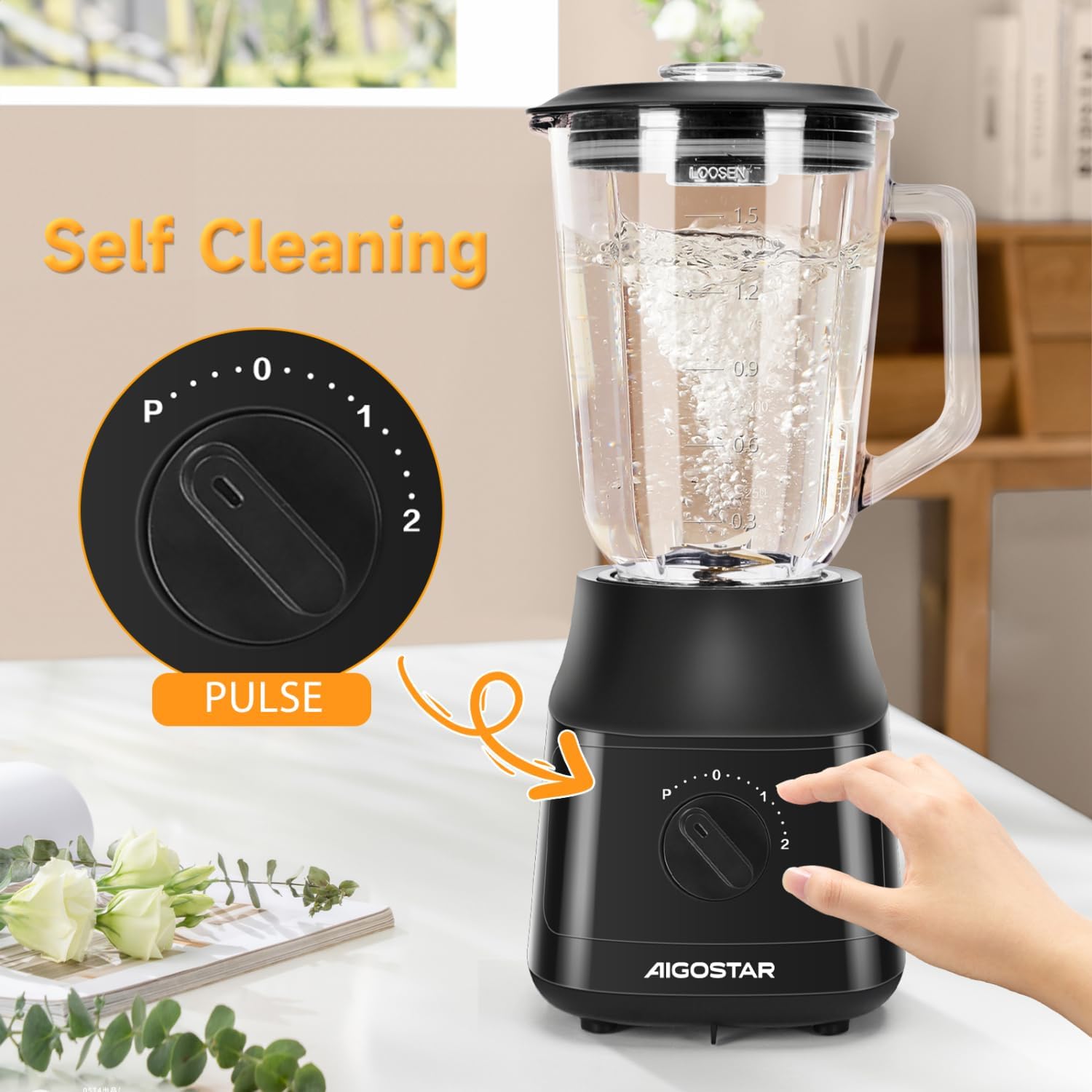 Aigostar 1.5L Blender Smoothie Maker 600W Glass Jug Blender Mixer with Titanium Plated Blades 2 Speeds and Pulse Ice Crushing for Shakes and Smoothies, BPA Free - Swift 03NSF-6