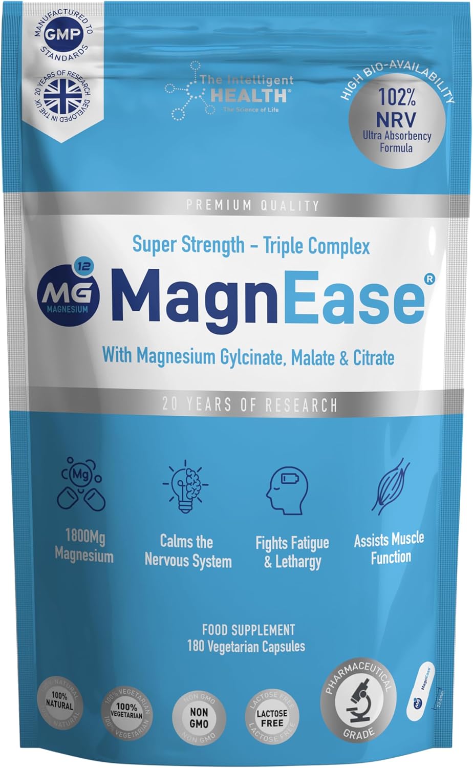 The Intelligent Health Magnease Magnesium Supplement, 1800 MG Super Strength Magnesium Capsules - Triple Complex with Magnesium Glycinate, Malate & Citrate (180)-0