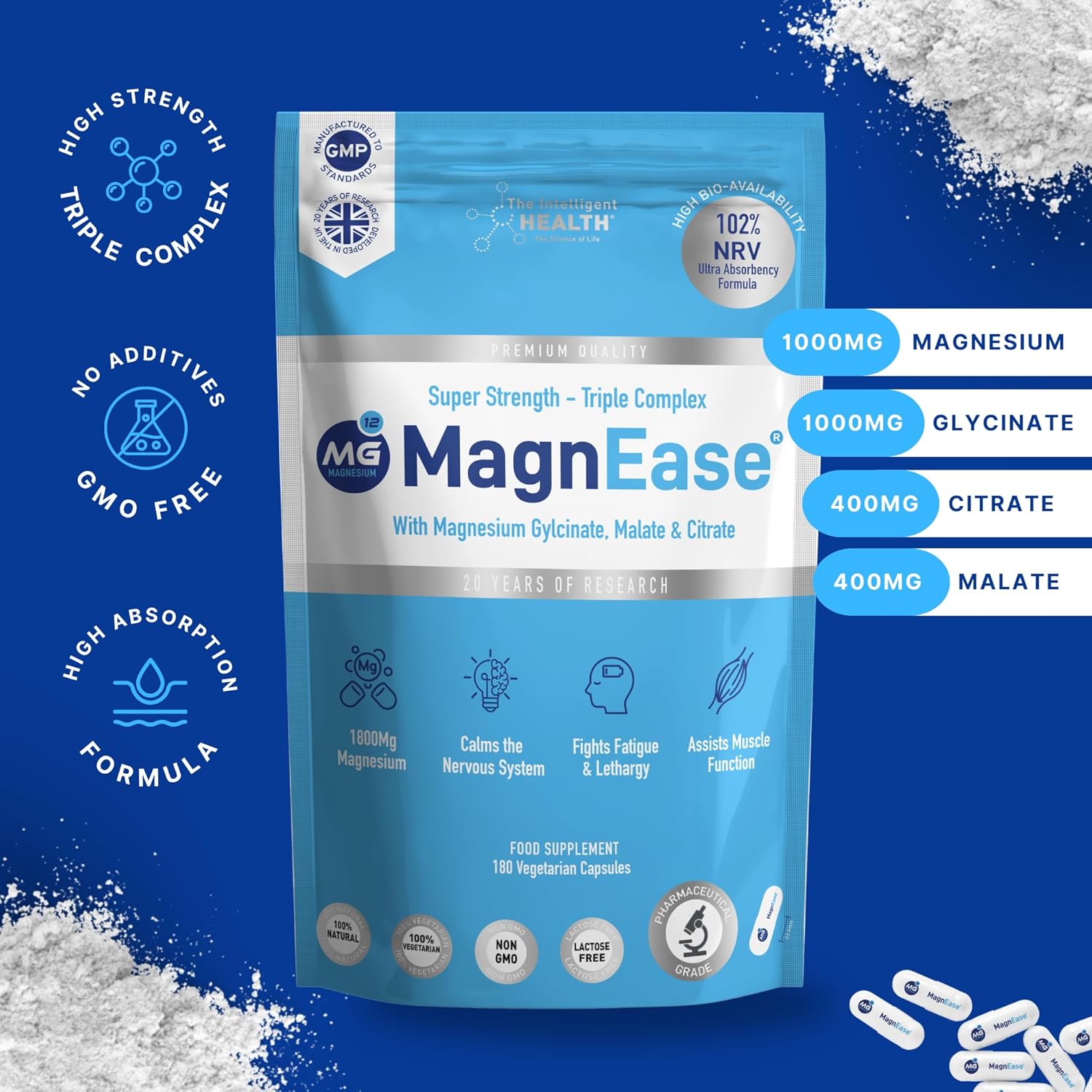 The Intelligent Health Magnease Magnesium Supplement, 1800 MG Super Strength Magnesium Capsules - Triple Complex with Magnesium Glycinate, Malate & Citrate (180)-3