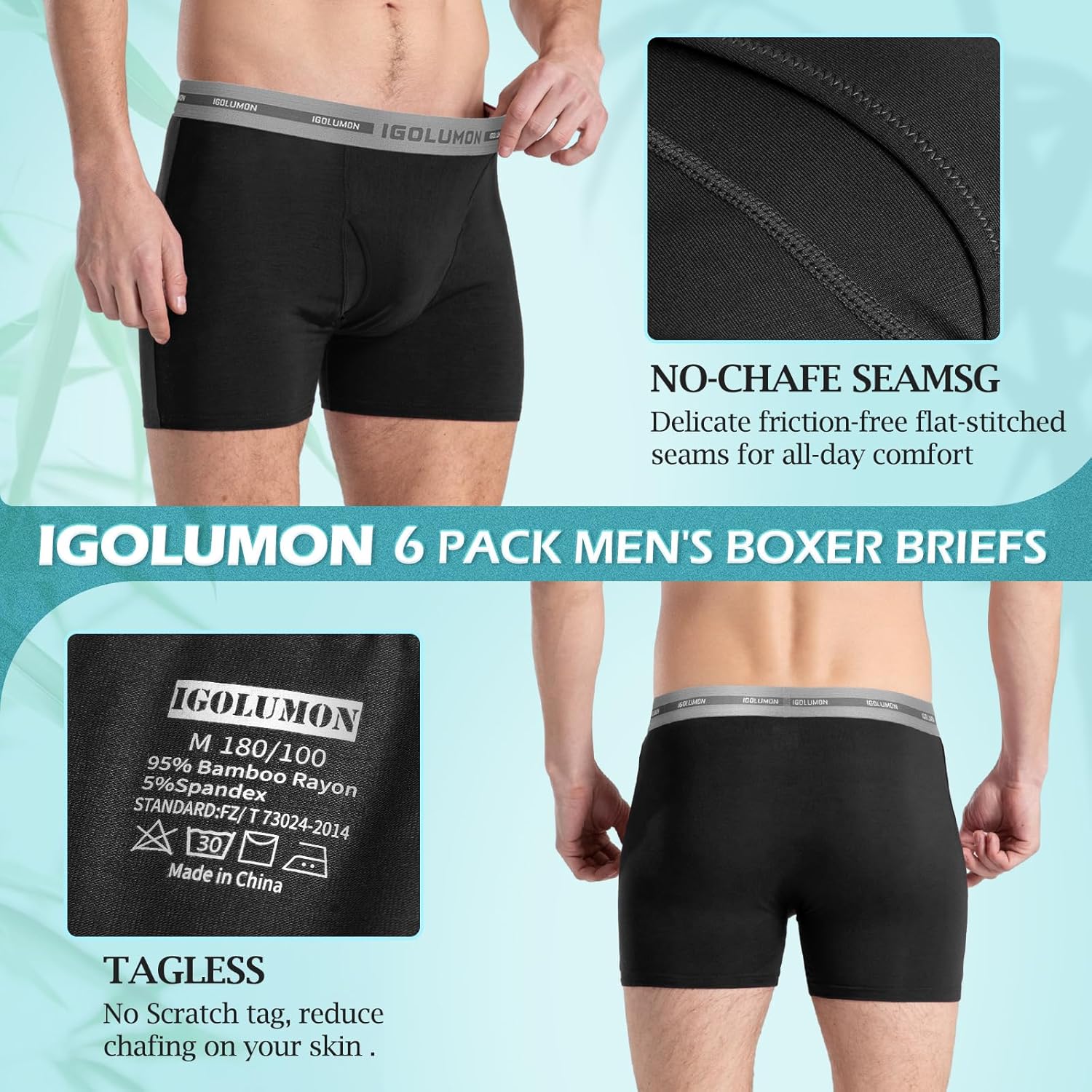 IGOLUMON Mens Bamboo Boxers Shorts 6 Multipack Breathable Underwear Briefs with Elastic Waist and 3D Pouch Comfortable Anti Chafing Cycling Shorts Mens Fit Underpants Hipsters-3