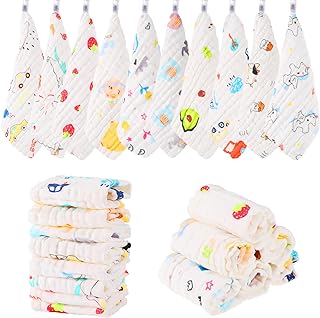 Radsocken 10 Pack Muslin Cloths for Baby,25x25CM Muslin Squares Soft Burp Cloths Cotton Baby Wash Cloths, 6 Layers Cotton Baby Towels with Printed Design for Newborn