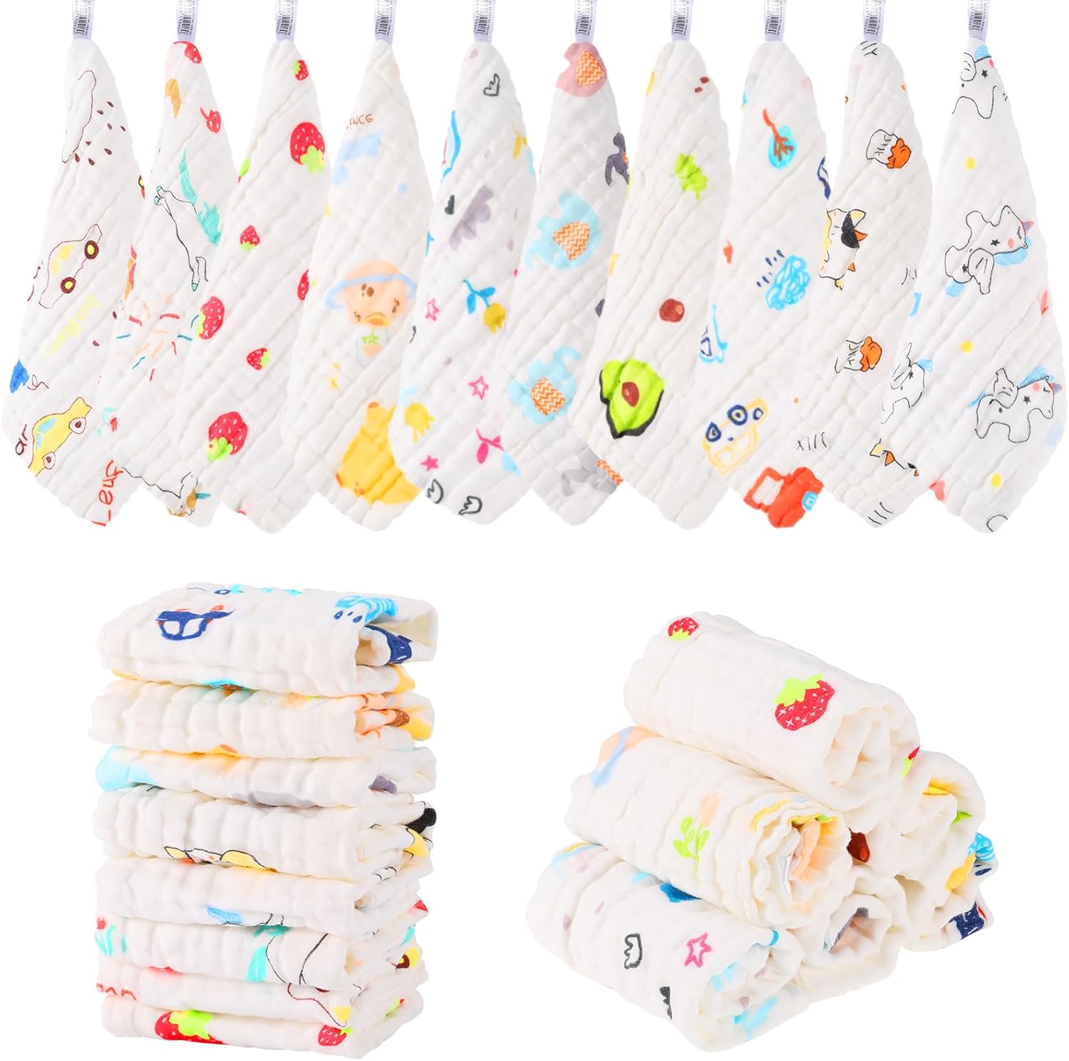 Radsocken 10 Pack Muslin Cloths for Baby,25x25CM Muslin Squares Soft Burp Cloths Cotton Baby Wash Cloths, 6 Layers Cotton Baby Towels with Printed Design for Newborn-0