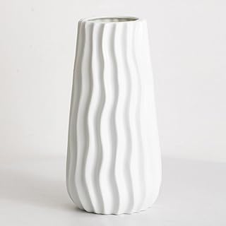 White Ceramic Vase, Ribbed Flower Vase for Home Decor, Modern Decorative Chic Vase for Wedding Dinner Table Office Bedroom - 10 inch / 25 cm