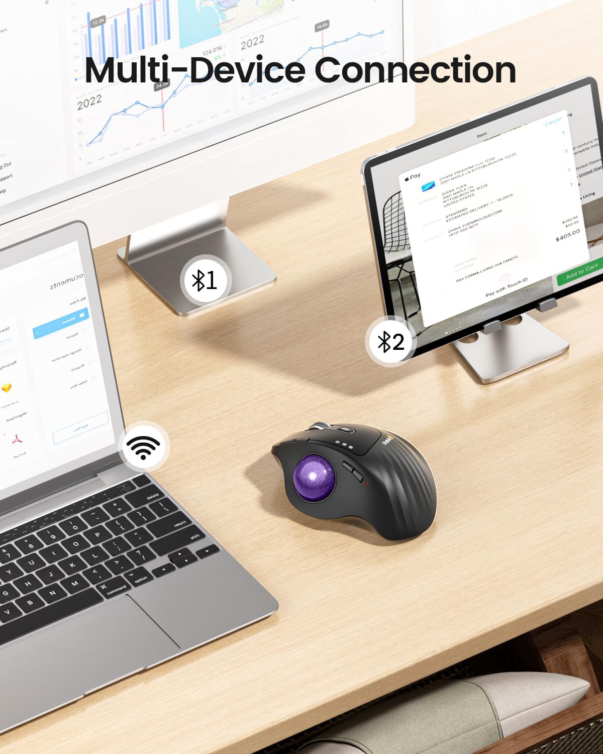 ProtoArc EM01 NL Wireless Bluetooth Trackball Mouse, 2.4G RGB Ergonomic Rechargeable Rollerball Mouse with 3 Adjustable DPI, 3 Device Connection for PC, iPad, Mac, Windows-Purple Roll-3