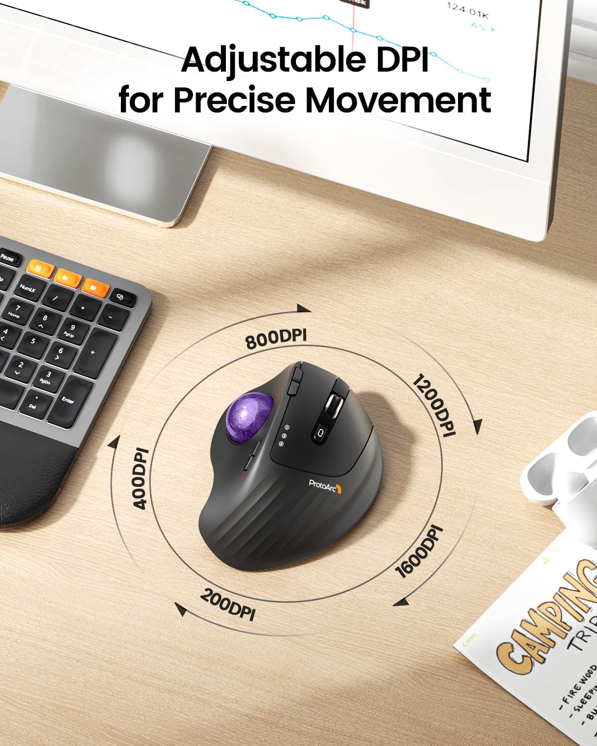 ProtoArc EM01 NL Wireless Bluetooth Trackball Mouse, 2.4G RGB Ergonomic Rechargeable Rollerball Mouse with 3 Adjustable DPI, 3 Device Connection for PC, iPad, Mac, Windows-Purple Roll-4