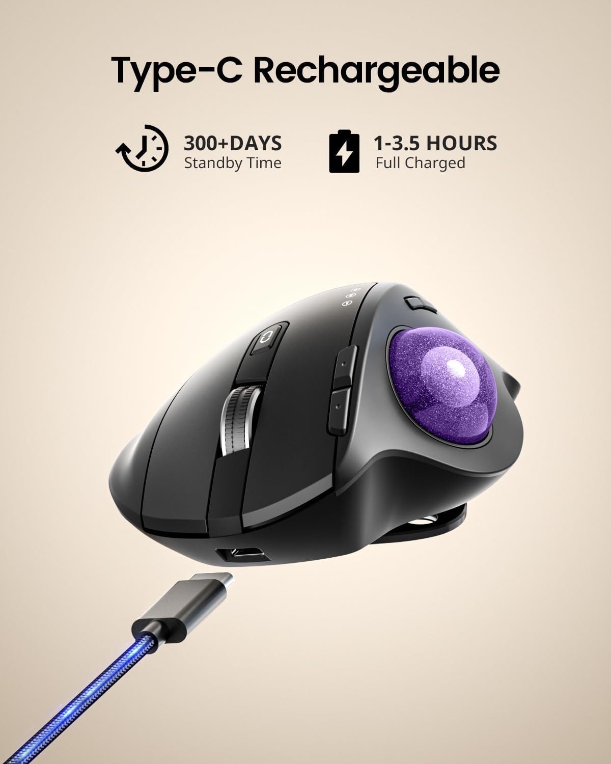 ProtoArc EM01 NL Wireless Bluetooth Trackball Mouse, 2.4G RGB Ergonomic Rechargeable Rollerball Mouse with 3 Adjustable DPI, 3 Device Connection for PC, iPad, Mac, Windows-Purple Roll-6