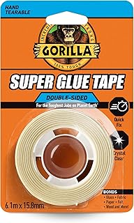 Gorilla Super Glue Tape, 6.1m x 15.88mm – Heavy Duty, Crystal Clear, No Mess Double Sided Tape, Ideal for Permanent Repairs, Quick Fixes & Craft | Bonds Glass, Fabric, Paper, Cardboard & More